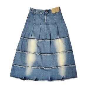 Y2K Midi Denim Skirt A-Line Tiered Frayed Raw Hems TMX 201 - Small